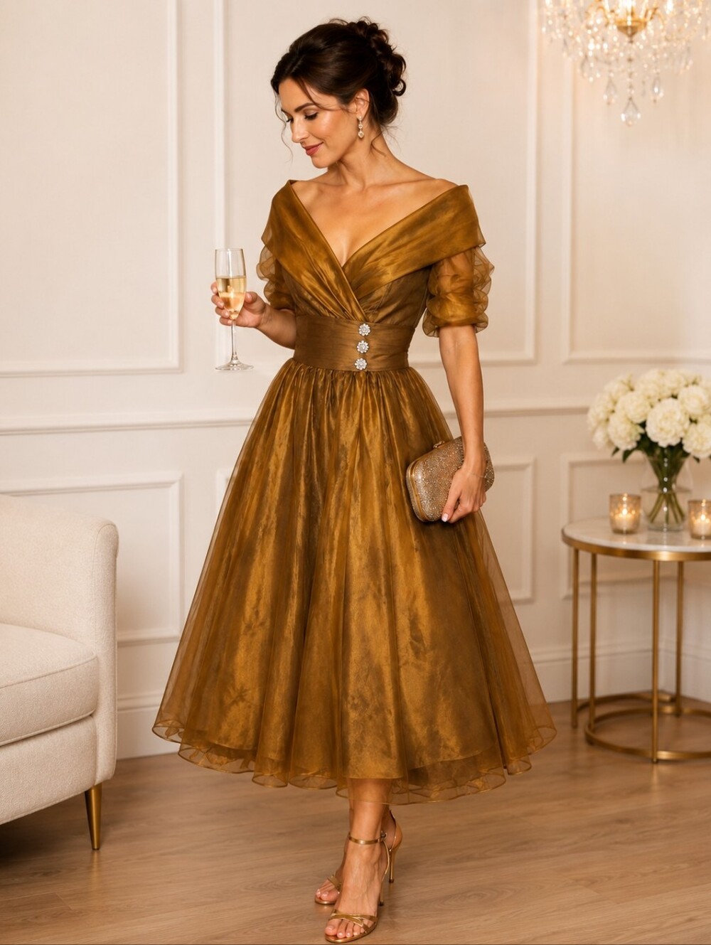 Vintage Watters & Watters Bronze Iridescent Off Shoulder Formal Dress Size 10